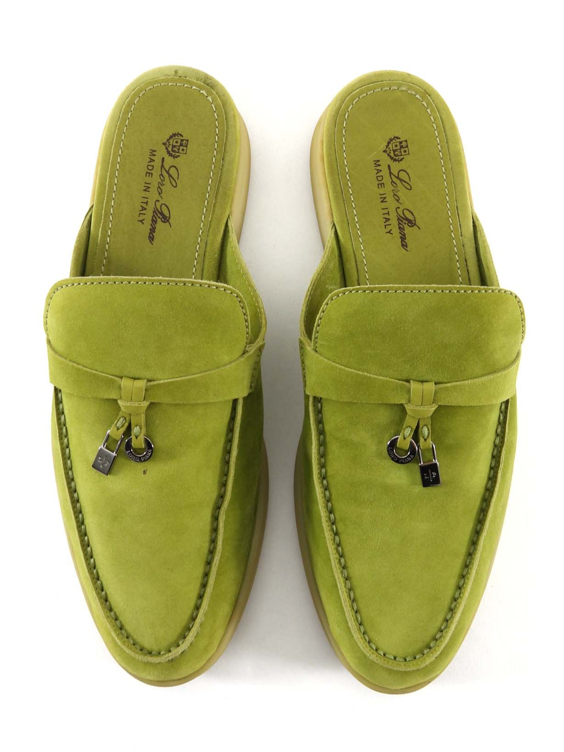 Loro Piana Lime Green Babouche Charms Walk Flat Suede Mules - 38
