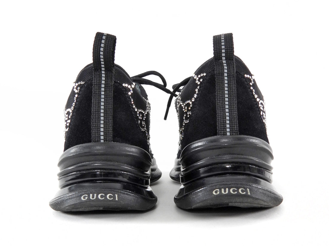 Gucci Black Sheer Mesh and Suede Combo Crystal Monogram Run Sneakers - 37