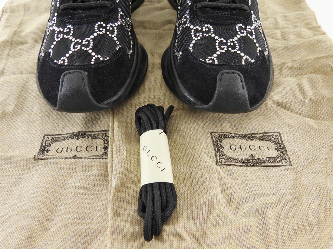 Gucci Black Sheer Mesh and Suede Combo Crystal Monogram Run Sneakers - 37