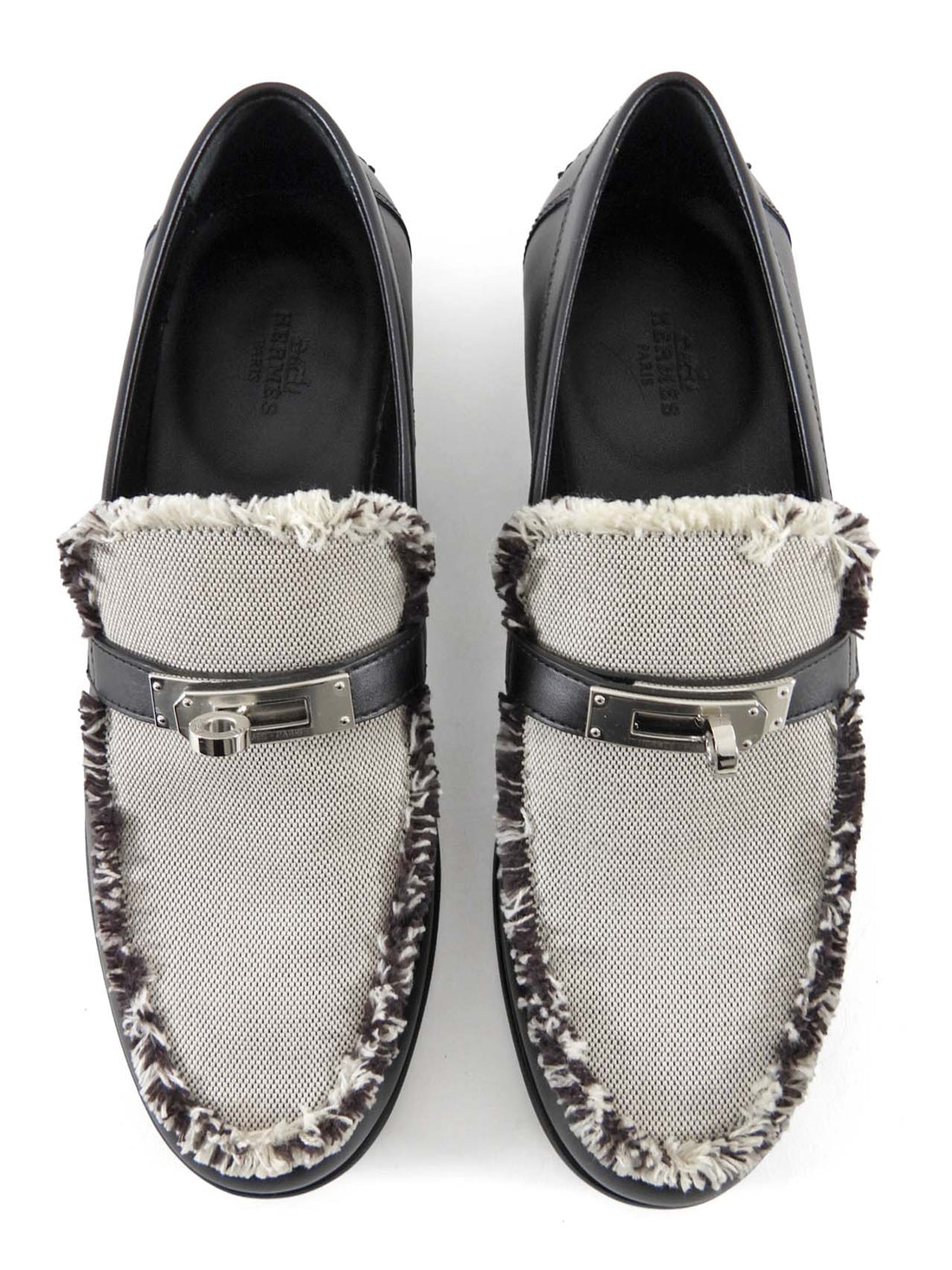 Hermes Destin Black Leather and Grey Toile Kelly Lock Loafers - 37