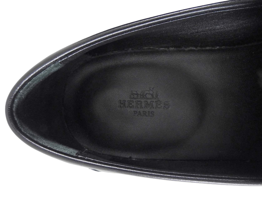 Hermes Destin Black Leather and Grey Toile Kelly Lock Loafers - 37