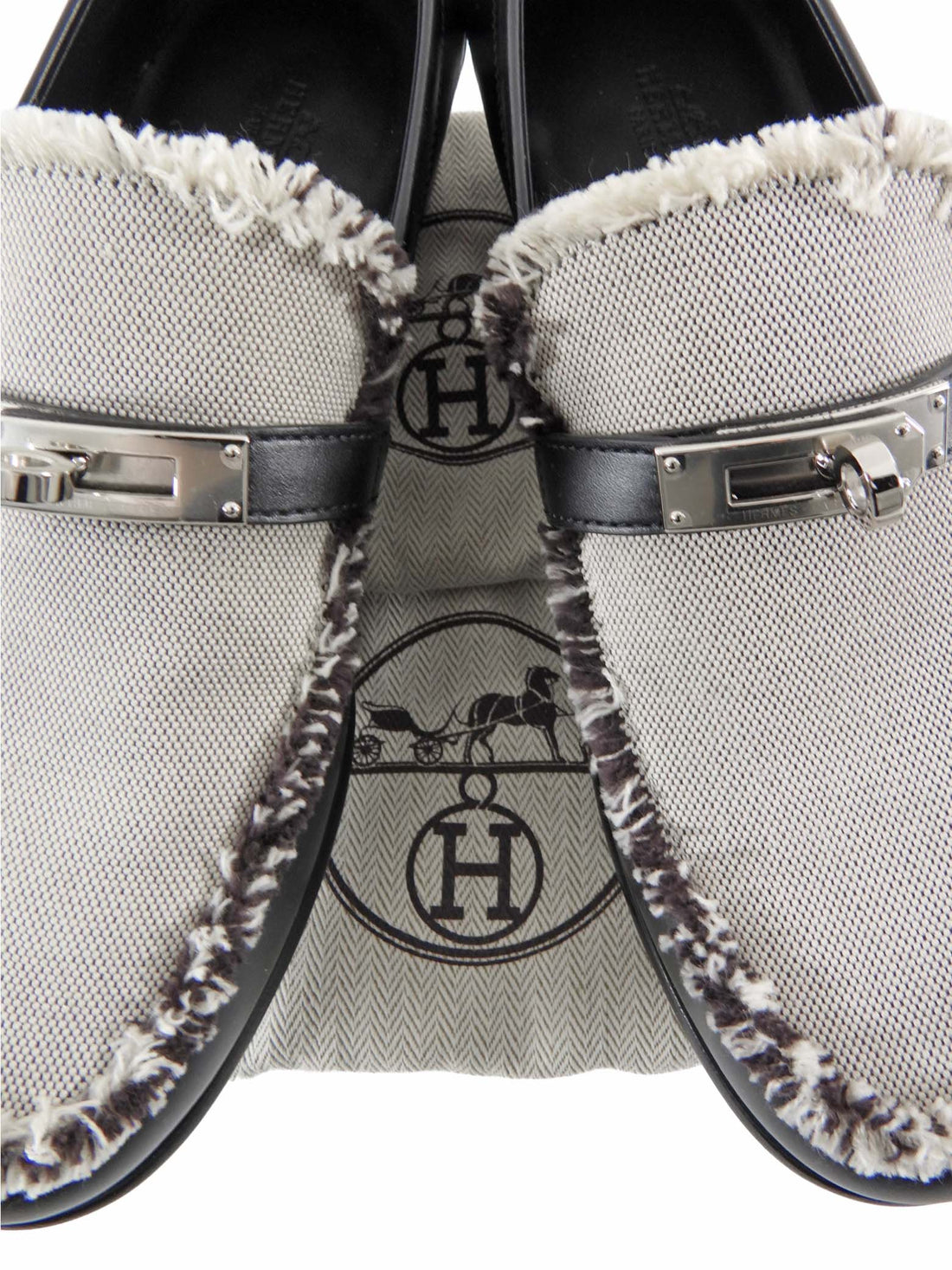 Hermes Destin Black Leather and Grey Toile Kelly Lock Loafers - 37