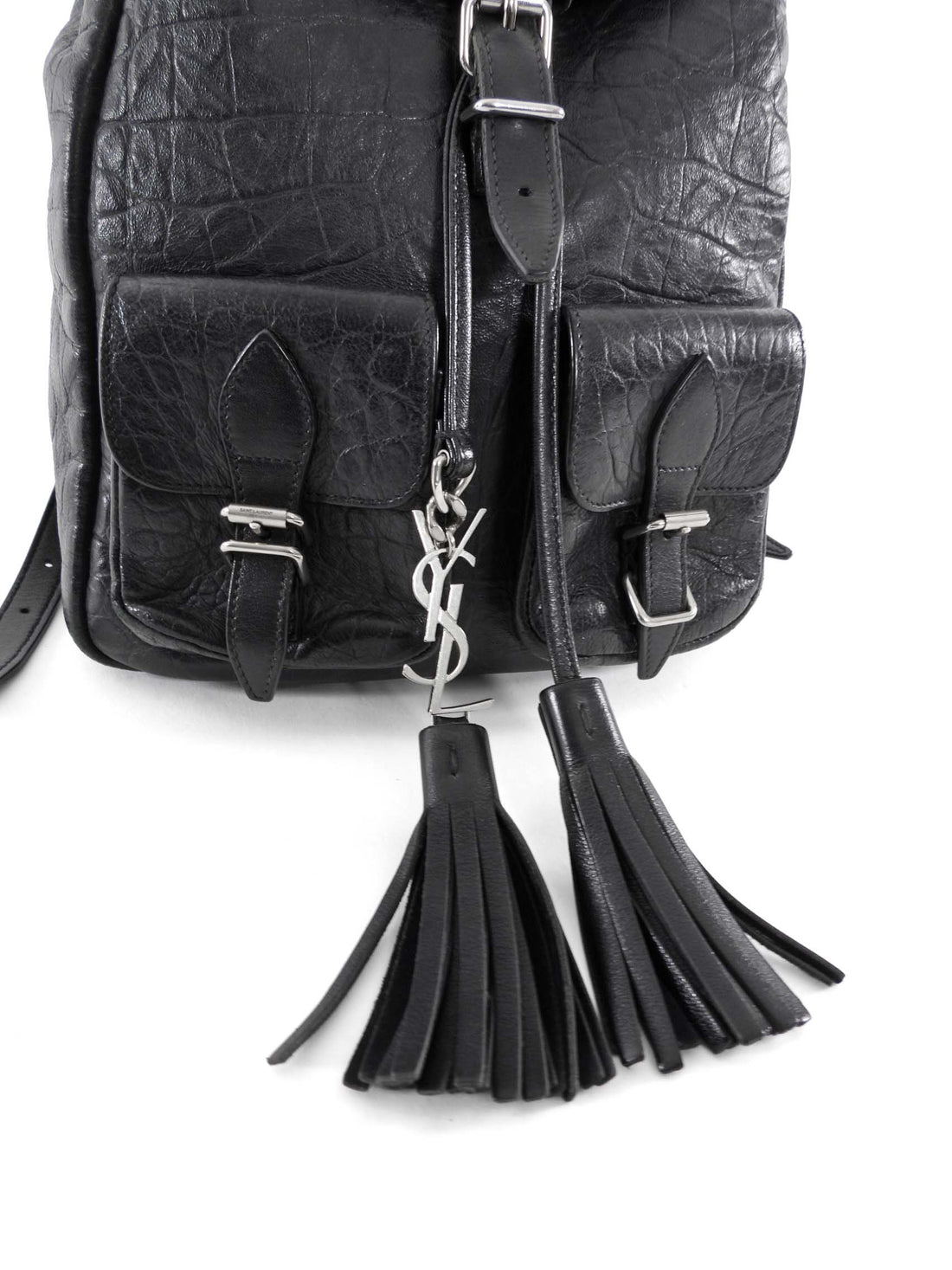 Saint Laurent Black Croc Embossed Leather YSL Tassel Logo Small Festival Backpack