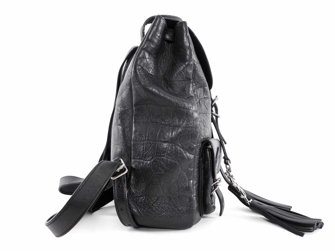 Saint Laurent Black Croc Embossed Leather YSL Tassel Logo Small Festival Backpack