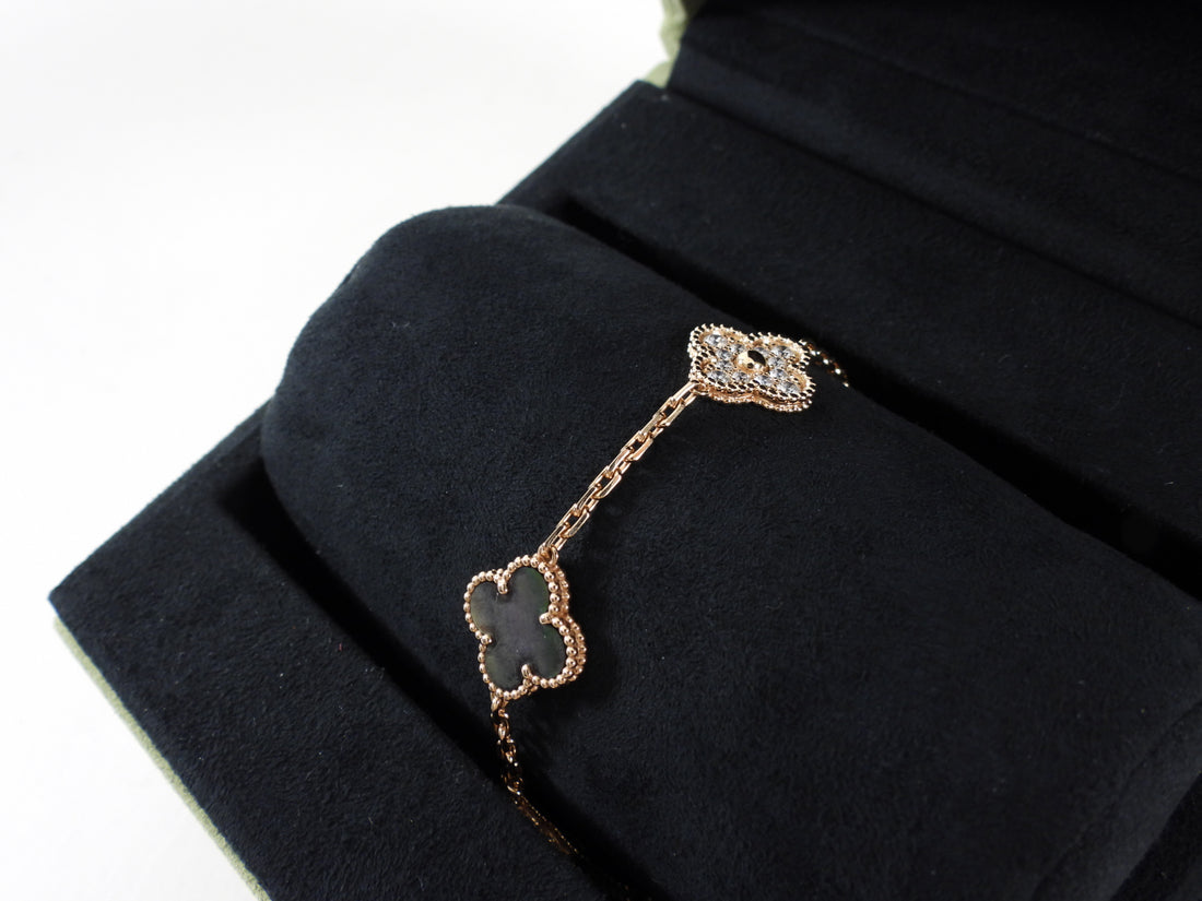 Van Cleef & Arpels 18k Rose Gold 5 Motif Alhambra MOP Diamond Bracelet