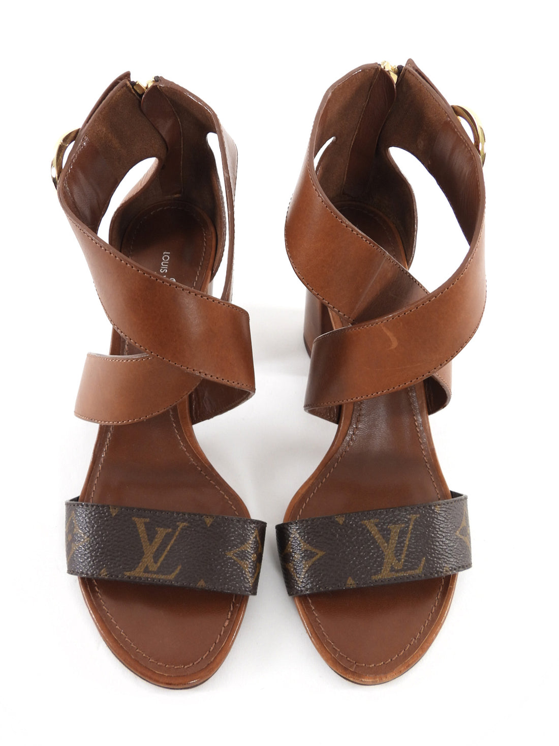 Louis Vuitton Cognac Brown Leather Monogram Canvas Ocean Drive Ankle Strap Sandals - 36.5