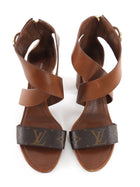 Louis Vuitton Cognac Brown Leather Monogram Canvas Ocean Drive Ankle Strap Sandals - 36.5