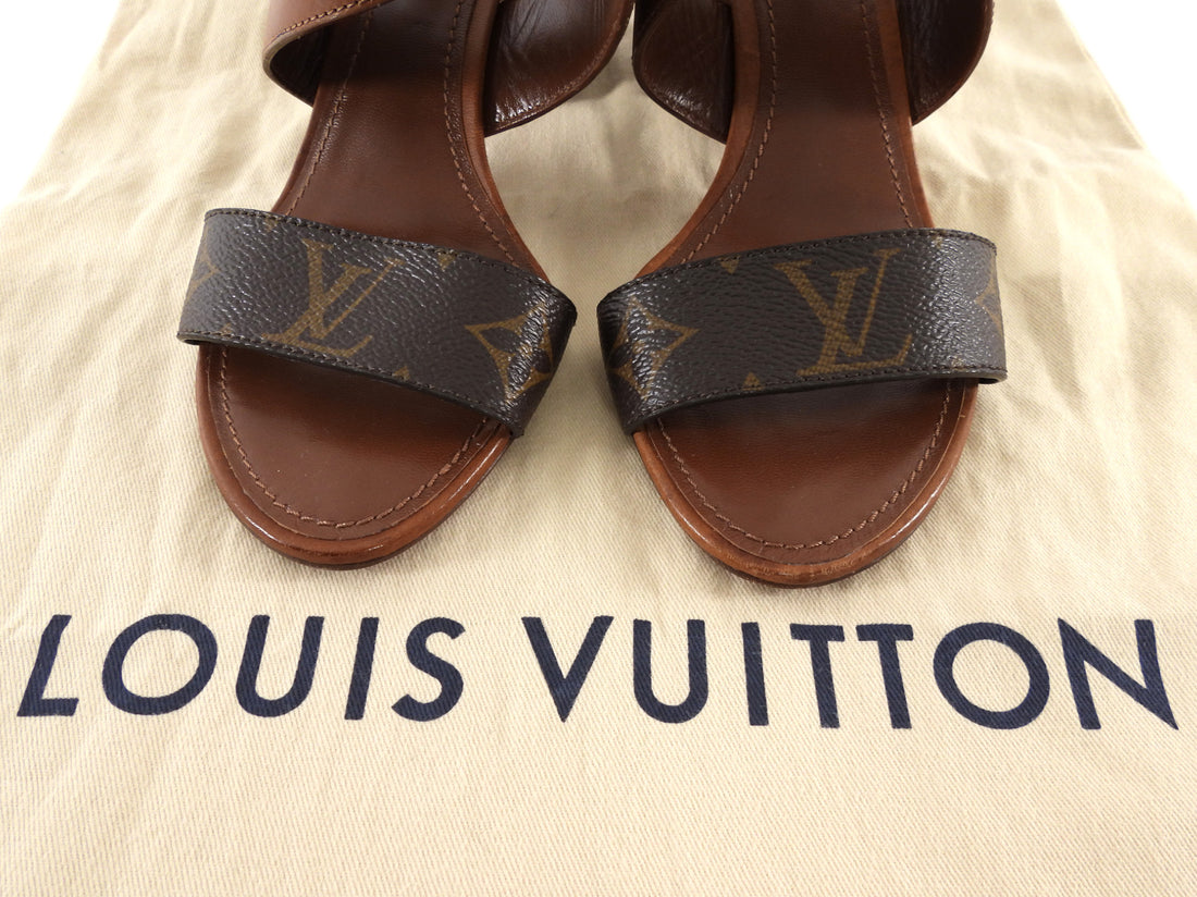 Louis Vuitton Cognac Brown Leather Monogram Canvas Ocean Drive Ankle Strap Sandals - 36.5