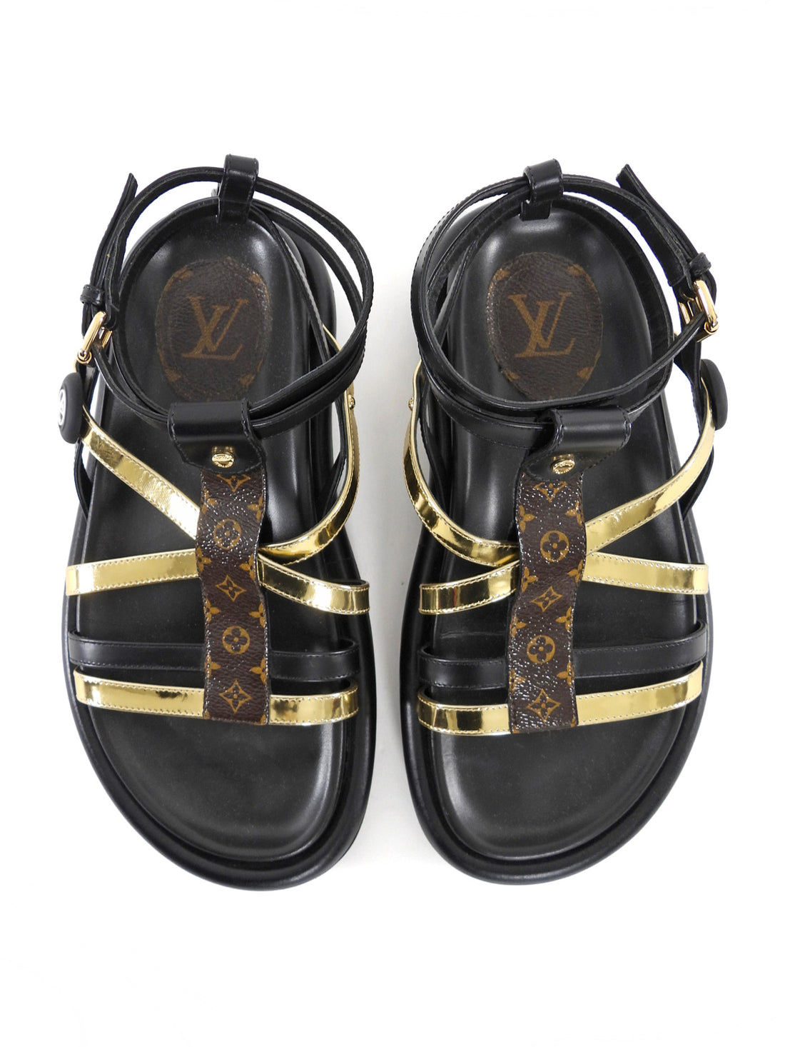 Louis Vuitton Black and Gold Strappy Leather Monogram Pillow Pool Comfort Sandals - 36