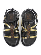 Louis Vuitton Black and Gold Strappy Leather Monogram Pillow Pool Comfort Sandals - 36
