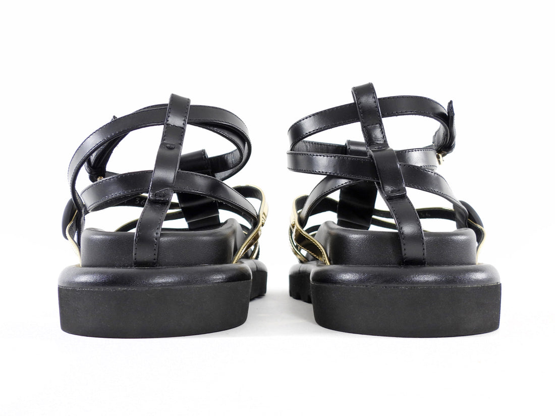 Louis Vuitton Black and Gold Strappy Leather Monogram Pillow Pool Comfort Sandals - 36