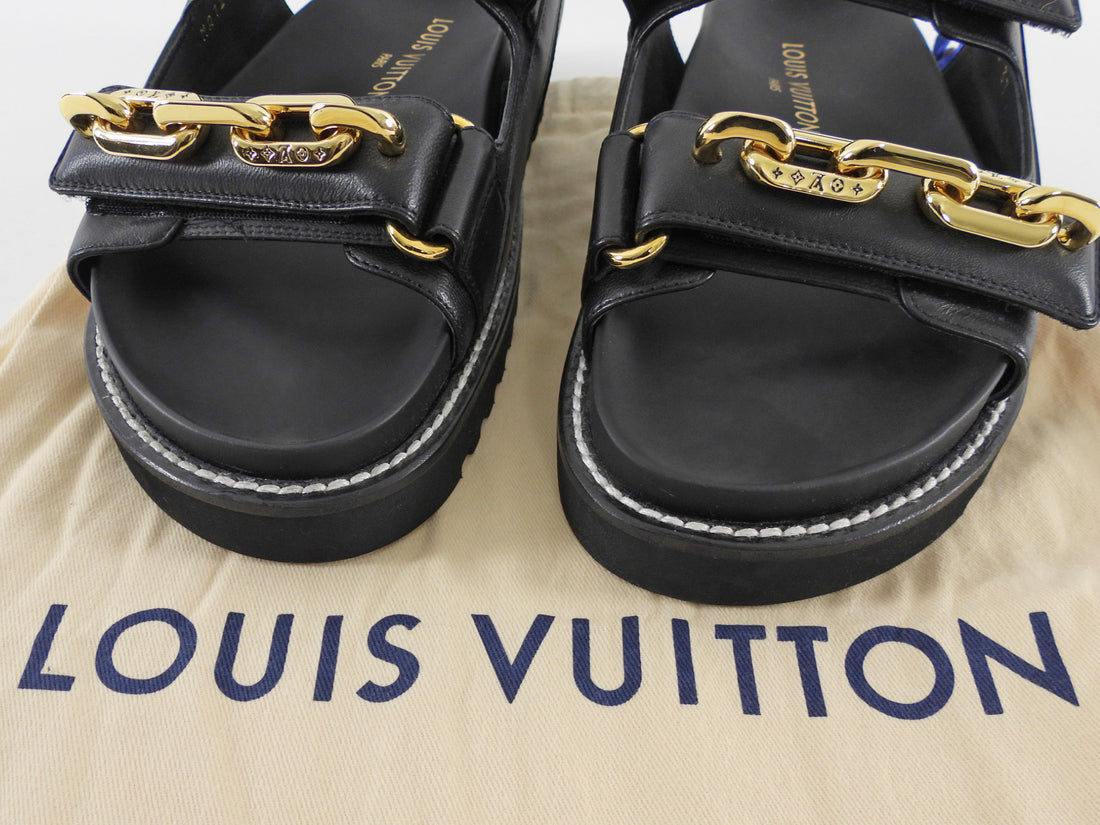 Louis Vuitton Black Leather Embossed Chain Sunset Flat Dad Sandals - 37