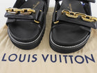 Louis Vuitton Black Leather Embossed Chain Sunset Flat Dad Sandals - 37