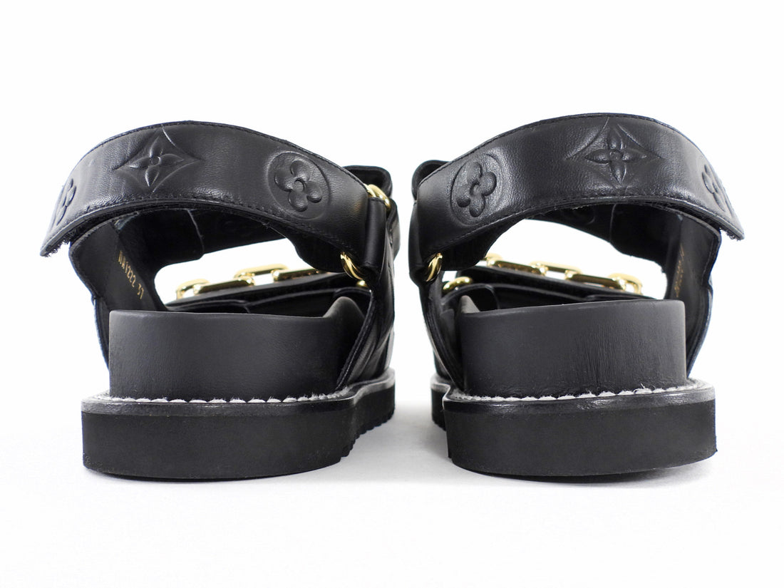 Louis Vuitton Black Leather Embossed Chain Sunset Flat Dad Sandals - 37