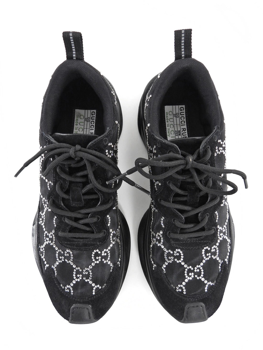 Gucci Black Sheer Mesh and Suede Combo Crystal Monogram Run Sneakers - 37