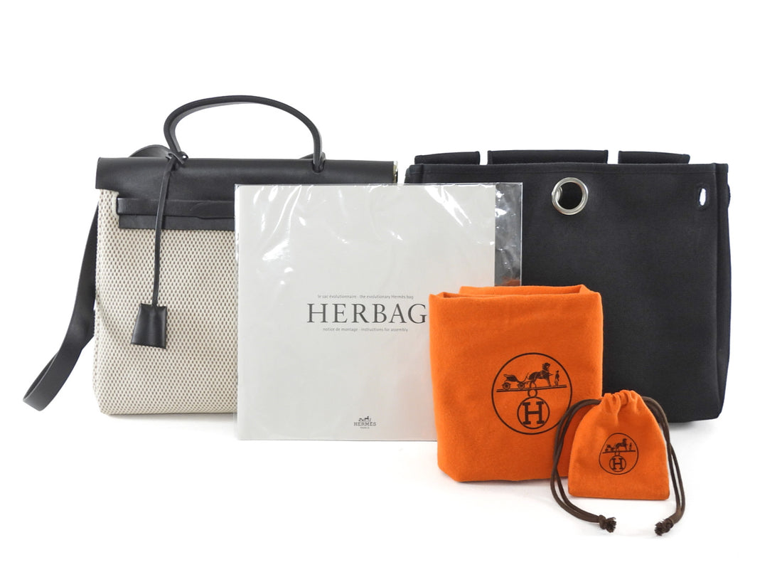 Hermes Vintage 2004 Herbag 31 PM Natural Black Vache Hunter Criss Viking Two Way Bag