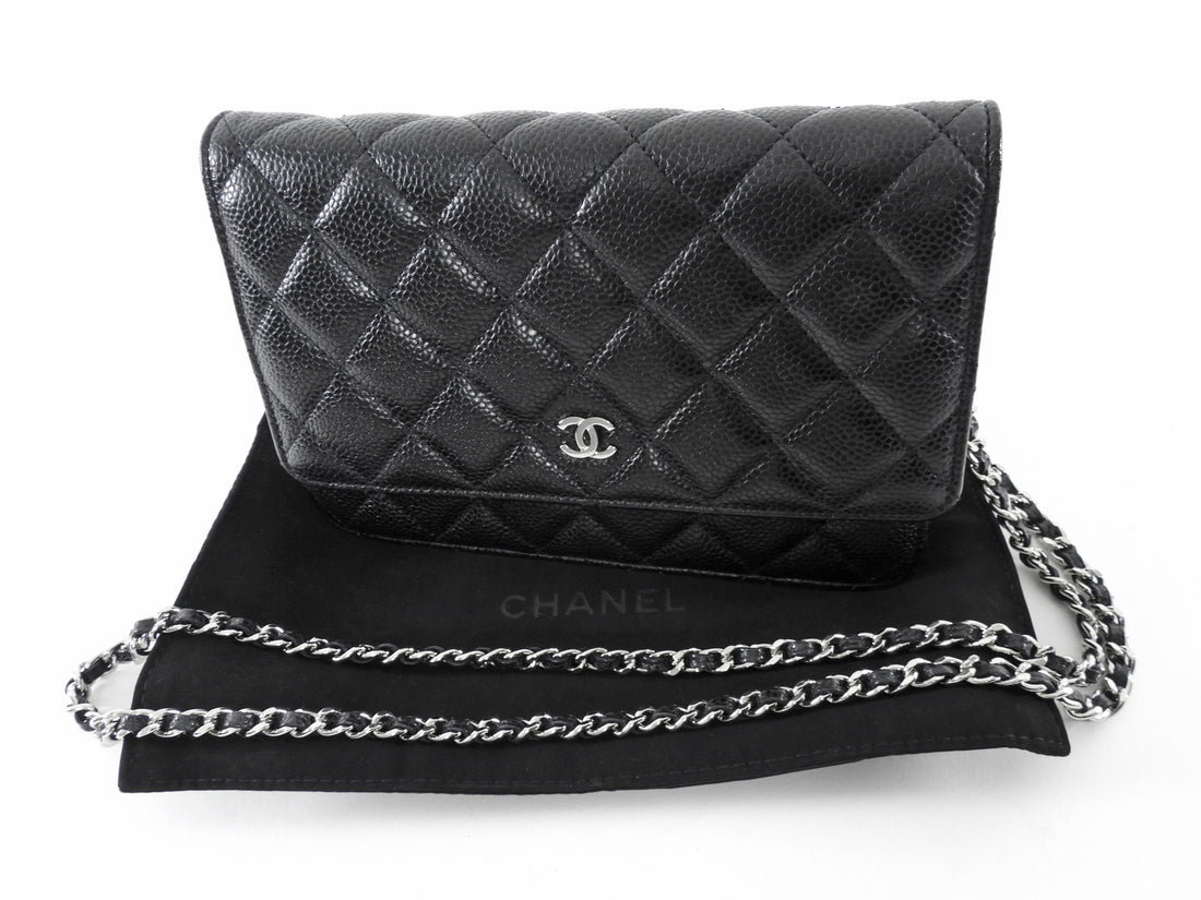 Chanel Black Caviar Leather CC Classic Wallet on Chain SHW