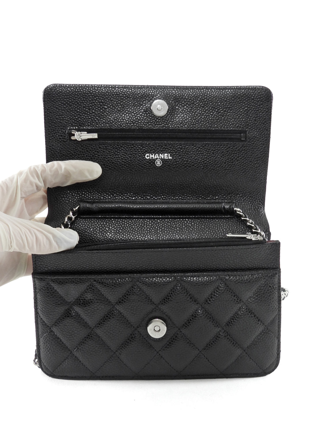 Chanel Black Caviar Leather CC Classic Wallet on Chain SHW