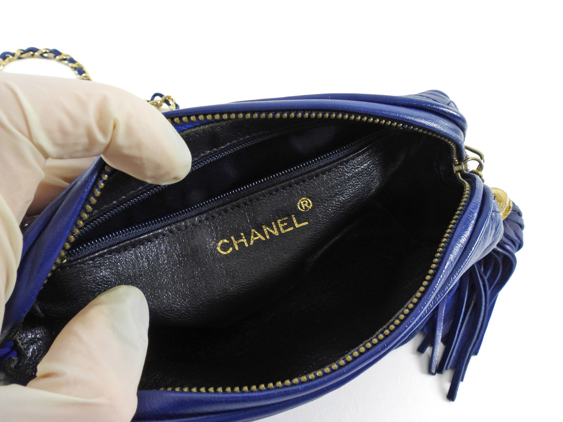 Chanel Vintage 1996 CC Diamond Quilted Tassel Blue Leather Small Chain Roll Bag