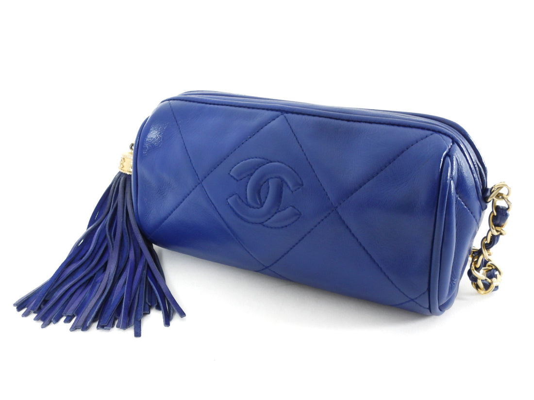 Chanel Vintage 1996 CC Diamond Quilted Tassel Blue Leather Small Chain Roll Bag