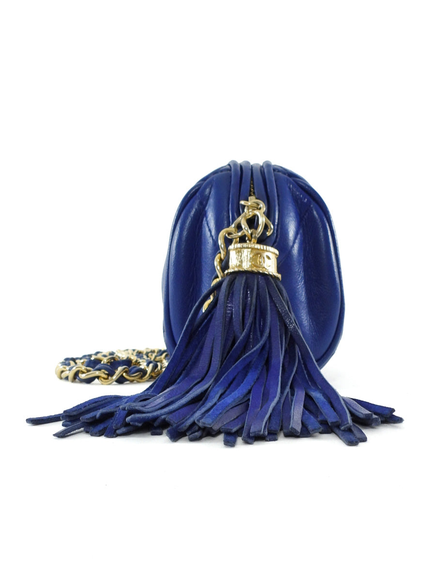 Chanel Vintage 1996 CC Diamond Quilted Tassel Blue Leather Small Chain Roll Bag