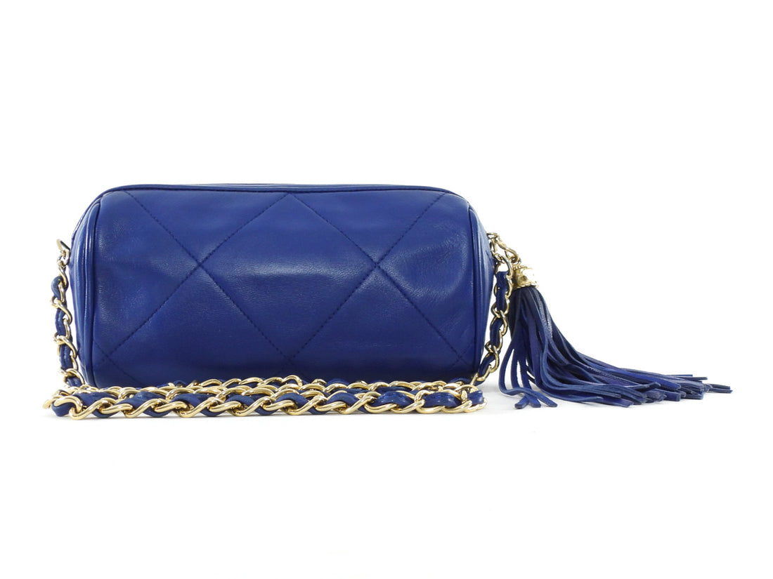 Chanel Vintage 1996 CC Diamond Quilted Tassel Blue Leather Small Chain Roll Bag