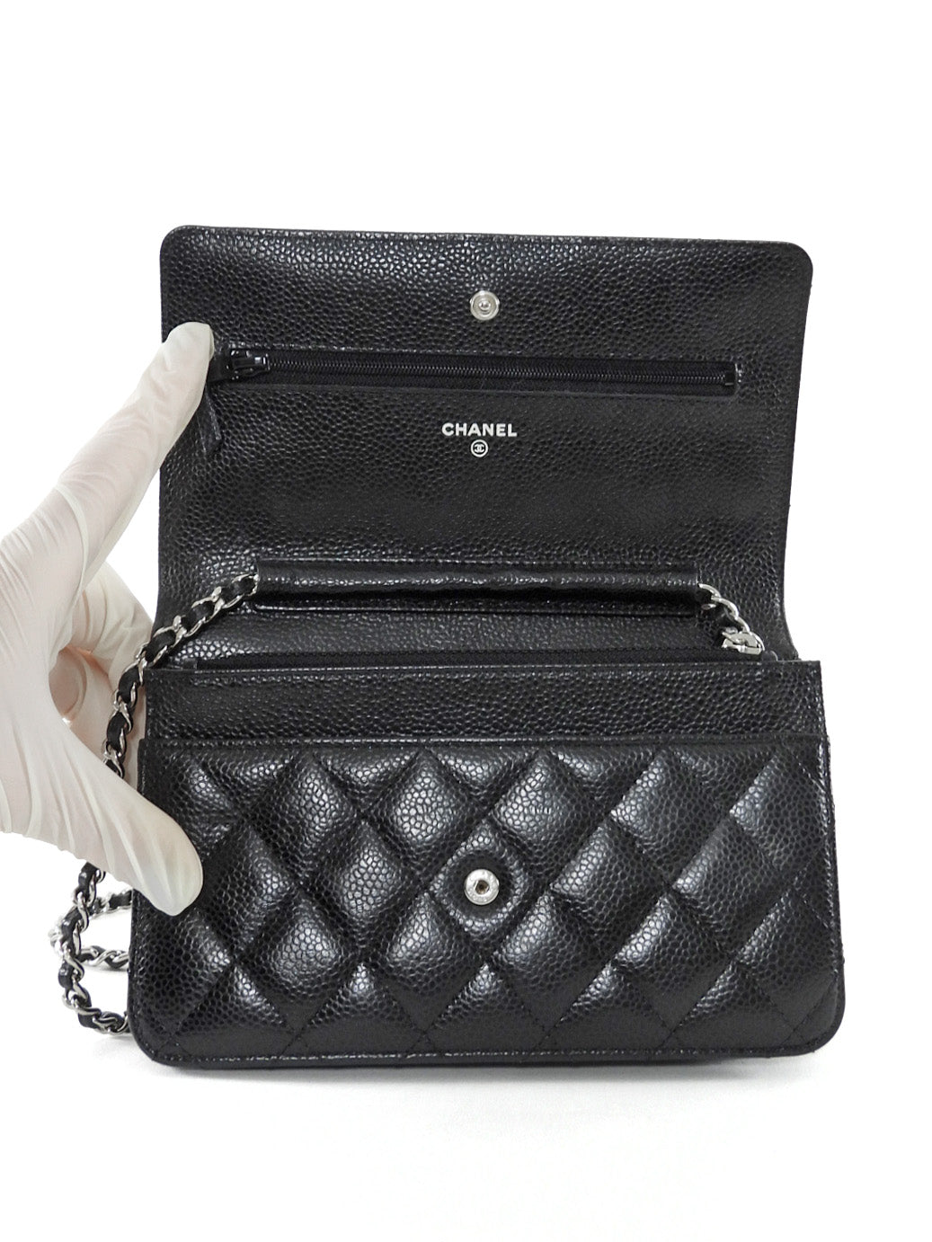 Chanel Black Caviar Leather CC Classic Wallet on Chain SHW