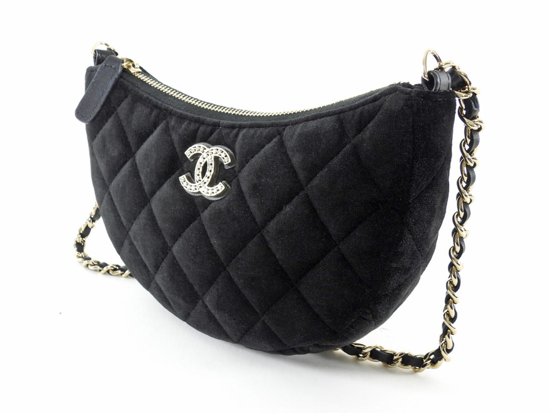 Chanel Quilted Black Velvet Crystal CC Mini Chain Hobo Bag