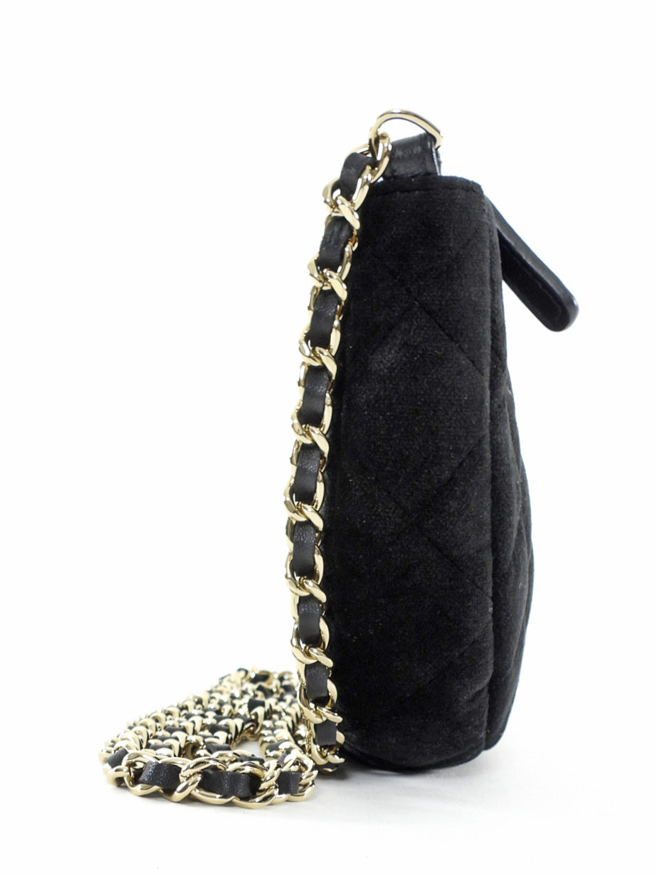 Chanel Quilted Black Velvet Crystal CC Mini Chain Hobo Bag