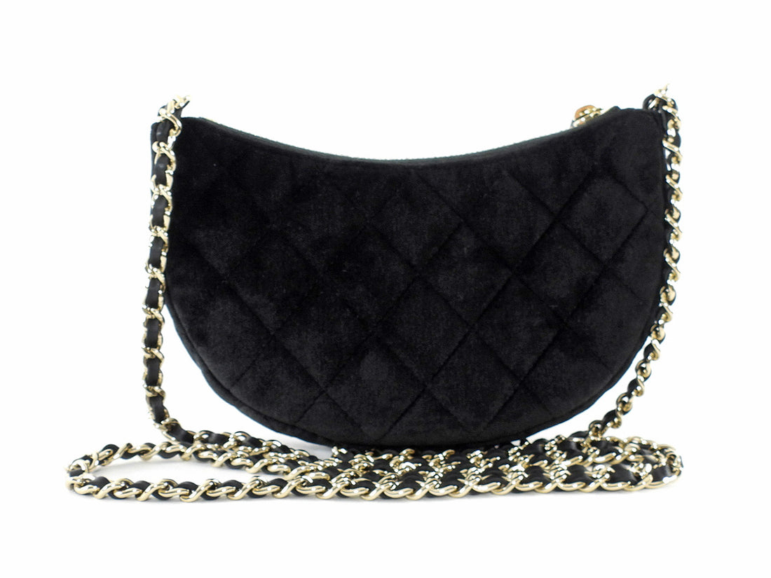 Chanel Quilted Black Velvet Crystal CC Mini Chain Hobo Bag