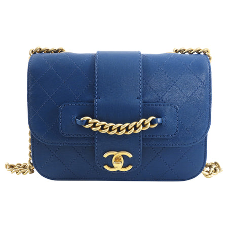 Chanel Dark Teal Blue Sheepskin Quilted Front Chain Flap Bag