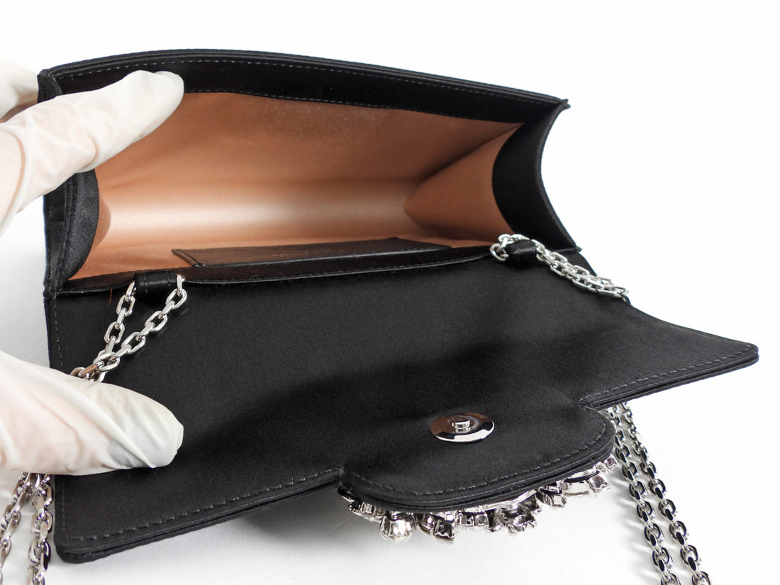 Roger Vivier Black Silver RV Bouquet Flower Strass Buckle Black Satin Bag