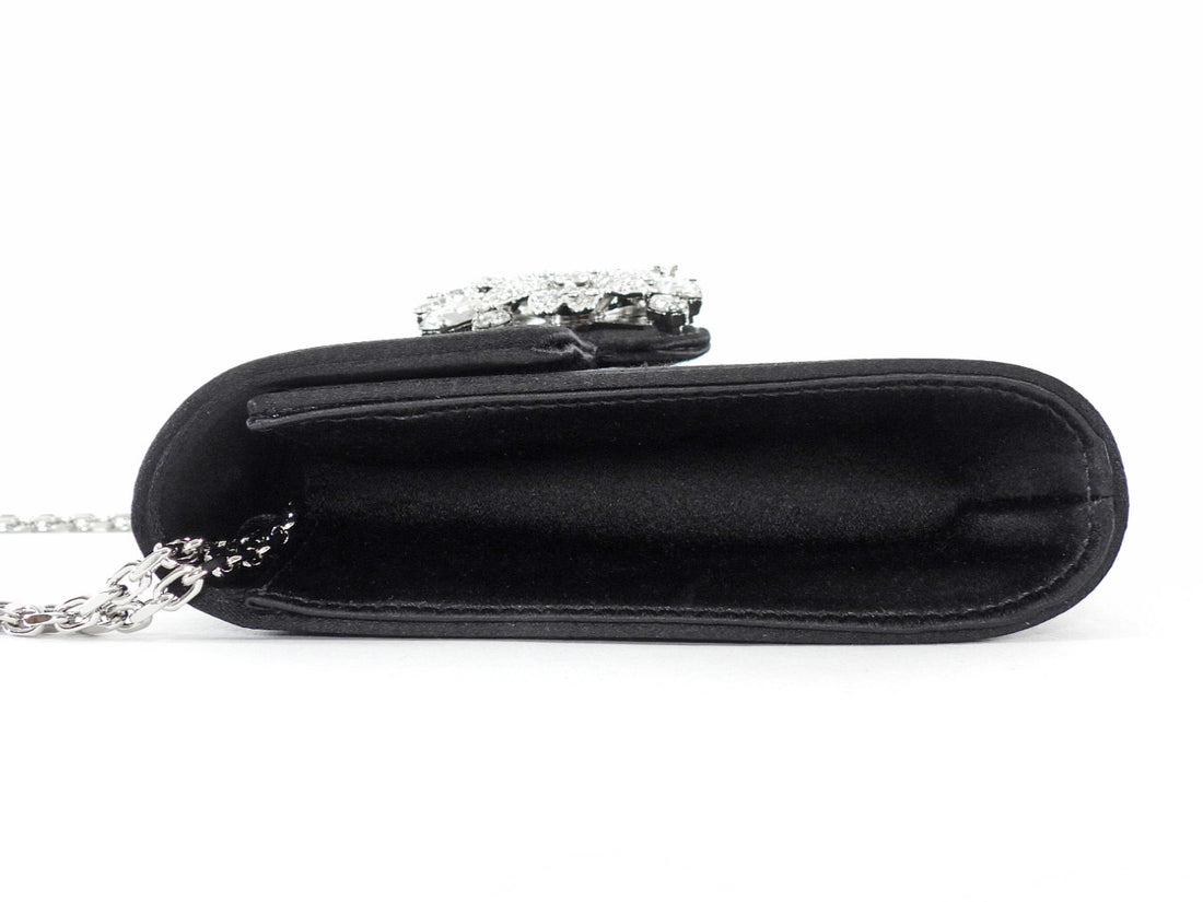 Roger Vivier Black Silver RV Bouquet Flower Strass Buckle Black Satin Bag