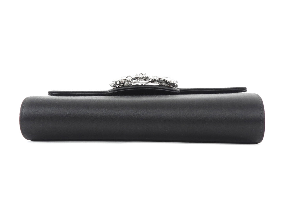 Roger Vivier Black Silver RV Bouquet Flower Strass Buckle Black Satin Bag