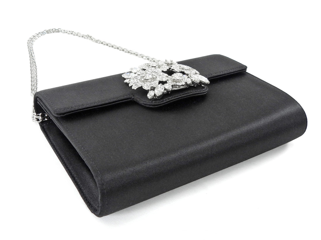 Roger Vivier Black Silver RV Bouquet Flower Strass Buckle Black Satin Bag