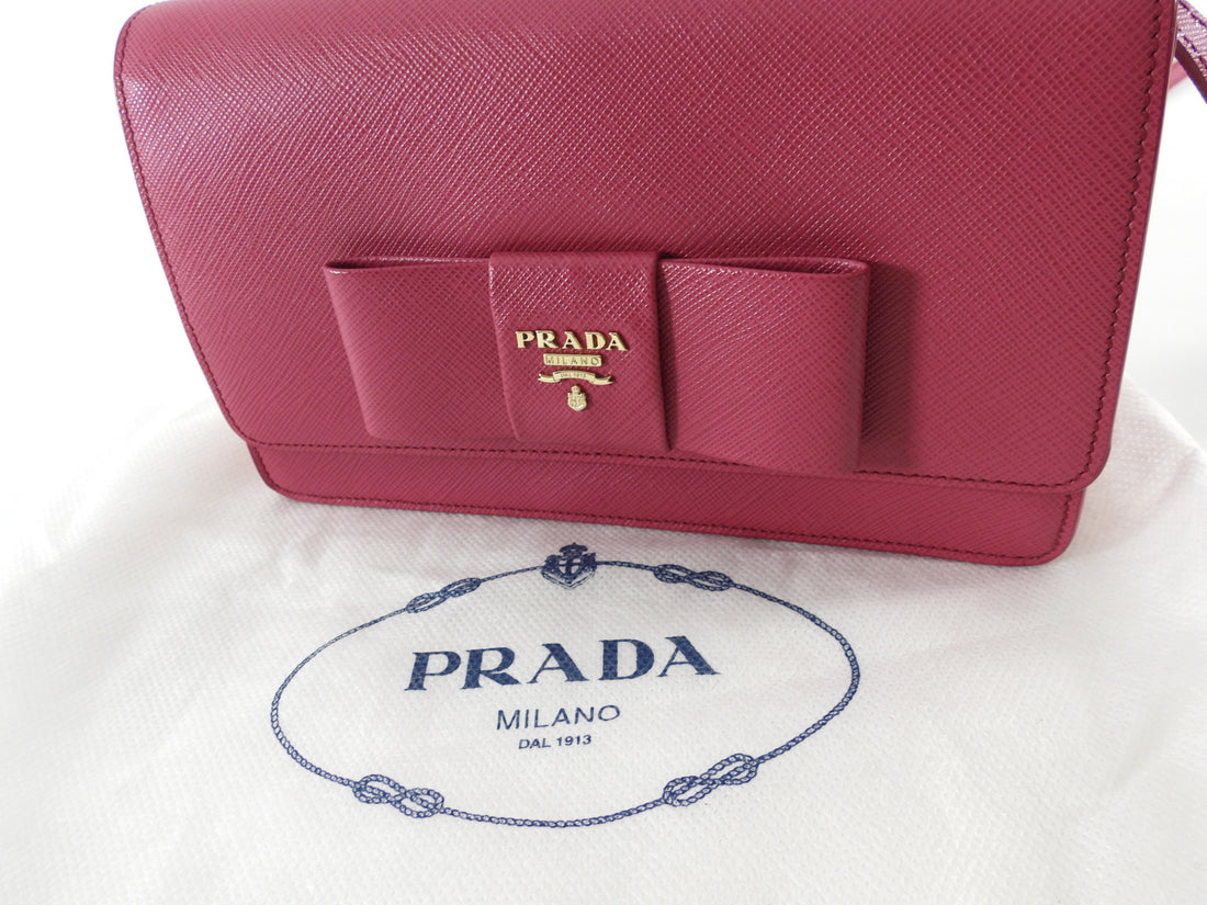 Prada Pink Saffiano Lux Leather Bow Embellished Wallet On Strap
