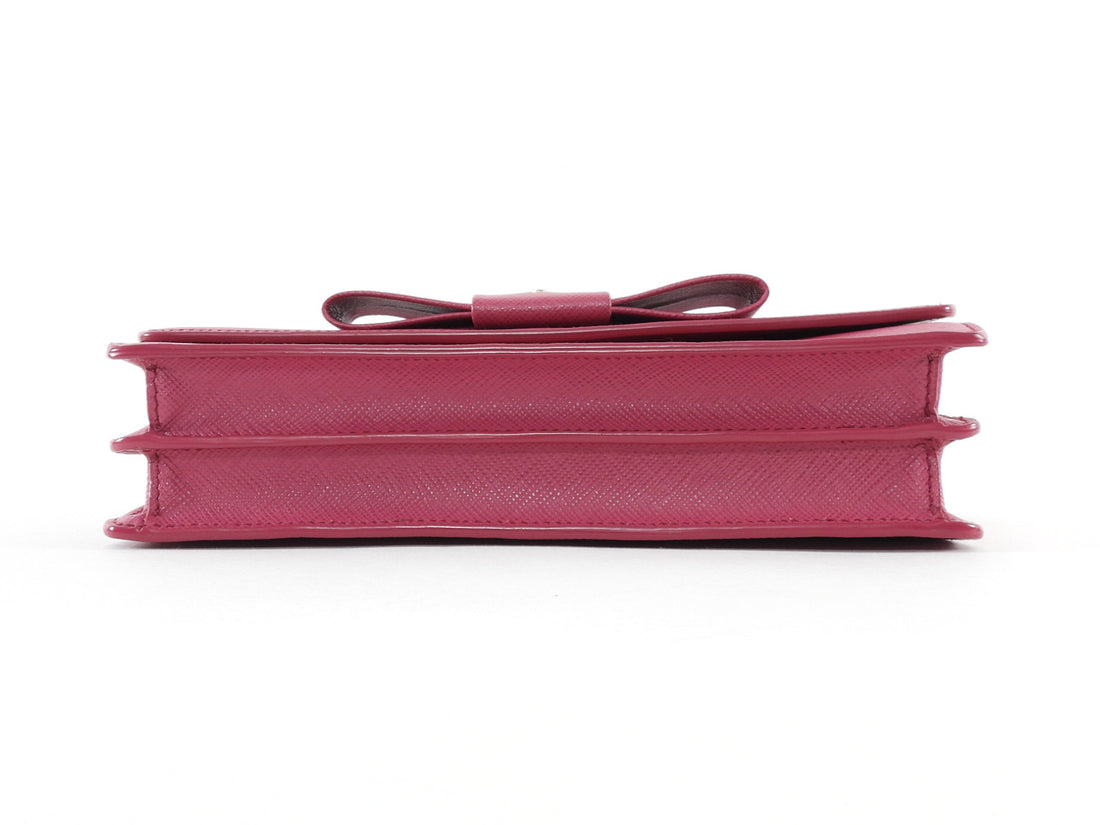 Prada Pink Saffiano Lux Leather Bow Embellished Wallet On Strap