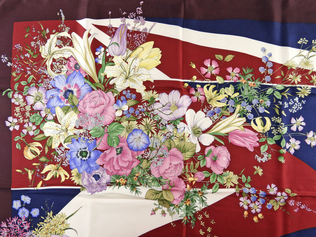 Gucci Vintage Plum and Navy Multicolor Floral Silk 90cm Scarf