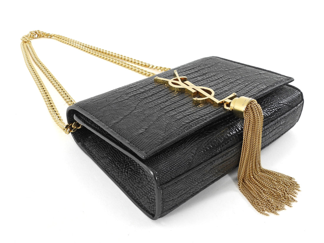 Saint Laurent Black Croc Embossed Mini Kate Tassel Chain Bag Mini