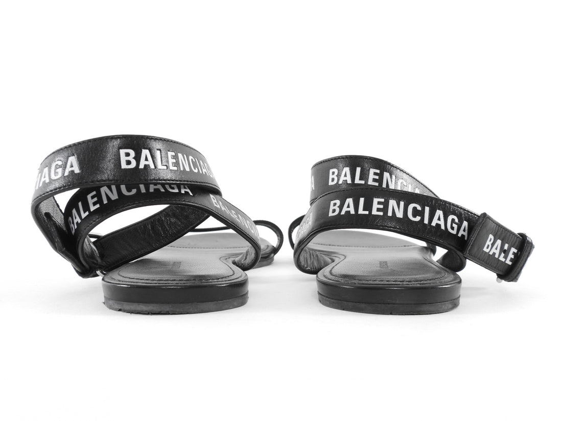 Balenciaga Black and White Logo Flat Ankle Wrap Sandals - 39