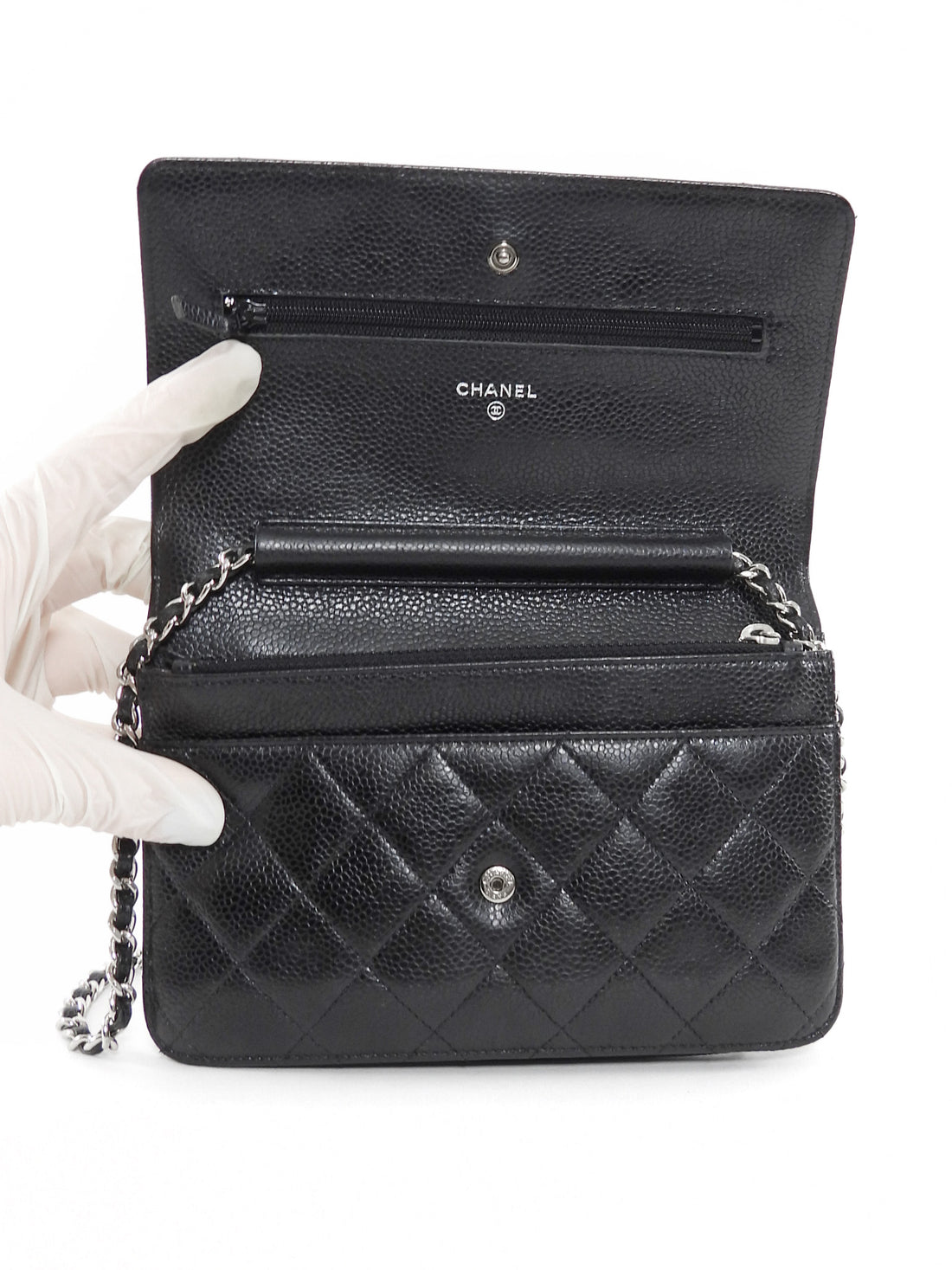 Chanel Black Caviar Leather CC Classic Wallet on Chain SHW