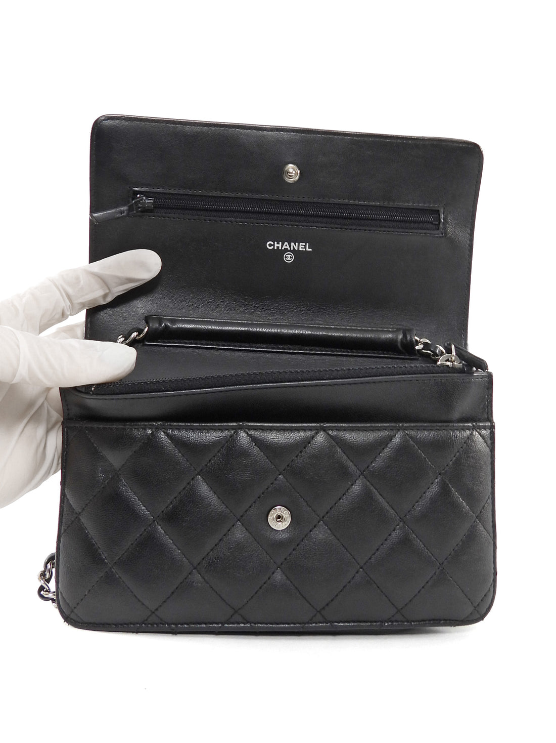 Chanel Black Lambskin Leather CC Classic Wallet on Chain SHW