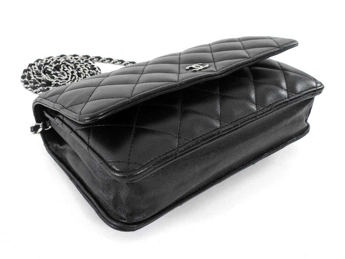 Chanel Black Lambskin Leather CC Classic Wallet on Chain SHW