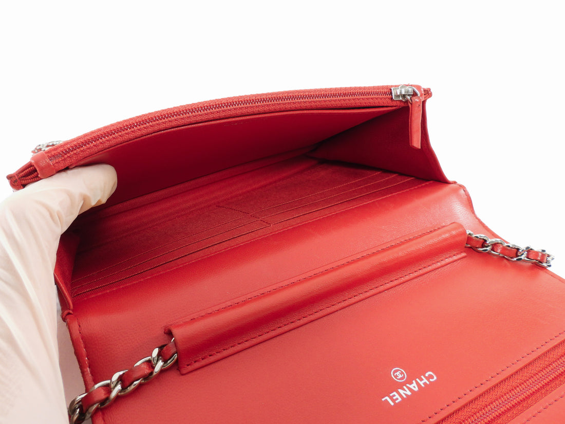 Chanel Red Lambskin Leather CC Classic Wallet on Chain SHW