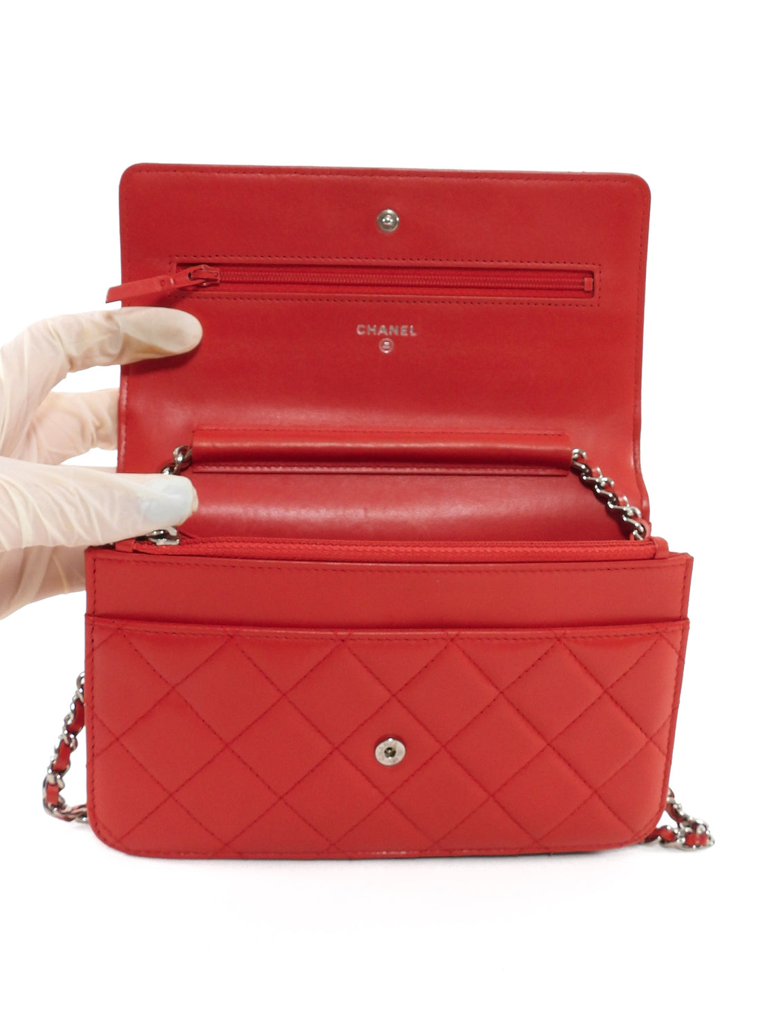 Chanel Red Lambskin Leather CC Classic Wallet on Chain SHW