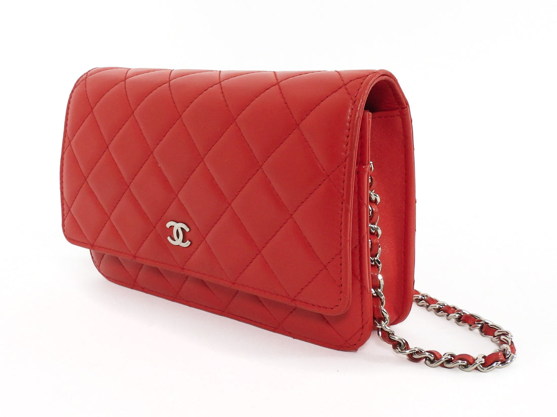 Chanel Red Lambskin Leather CC Classic Wallet on Chain SHW
