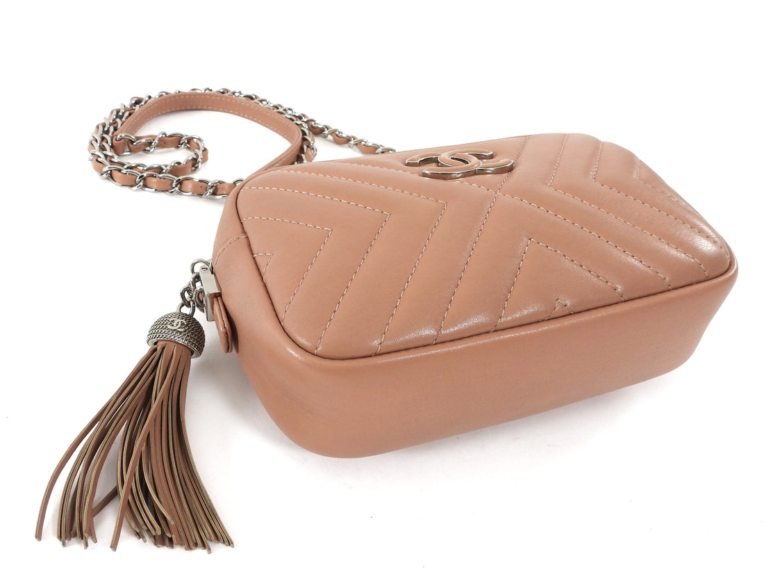 Chanel Beige nude Mini diagonal Chevron Tassel Chain Camera Bag