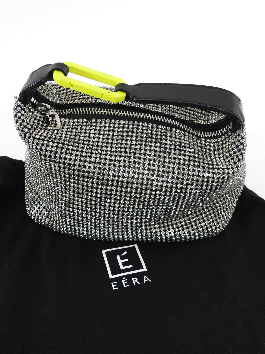 Eera Chartreuse Buckle Black Crystal Mesh Moonbag