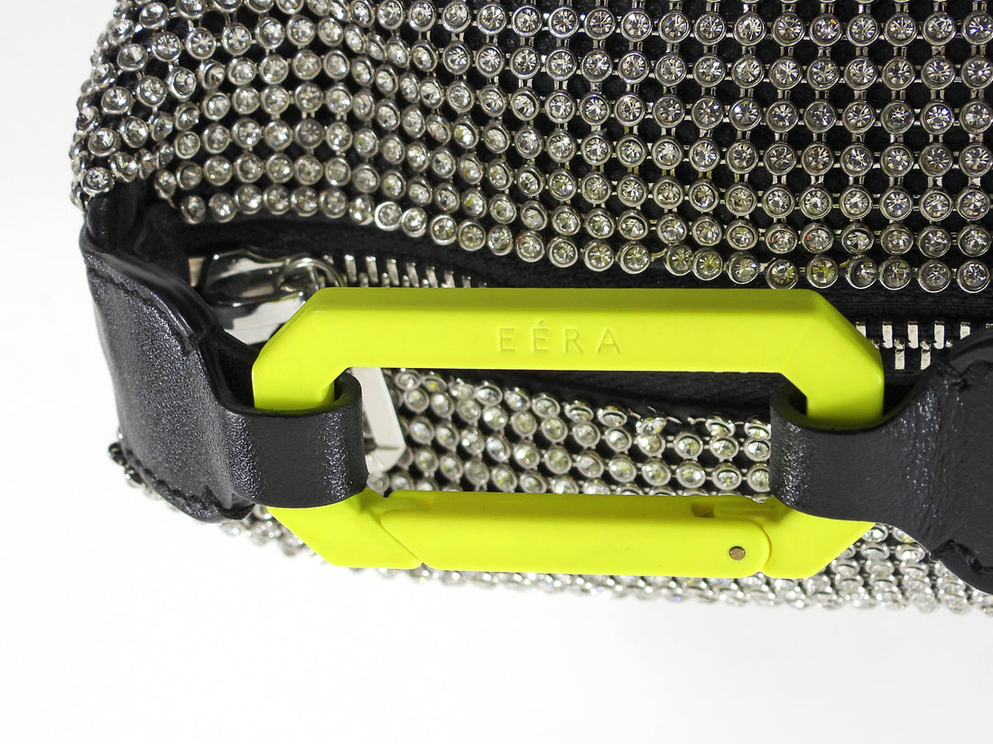Eera Chartreuse Buckle Black Crystal Mesh Moonbag