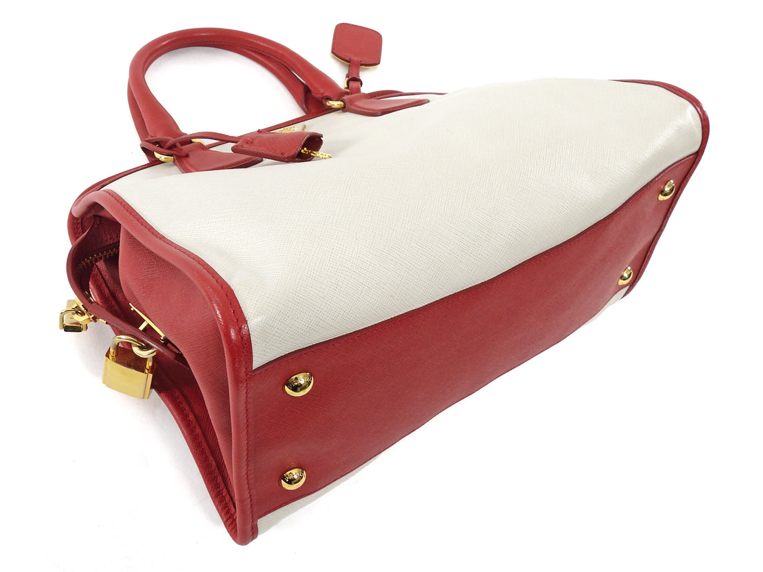 Prada Red Ivory Bicolor Saffiano Leather Handbag